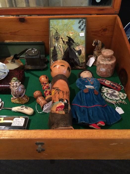 vintage kokeshi, vintage ink well with pen, vintage Native American doll, Native American hair pieces