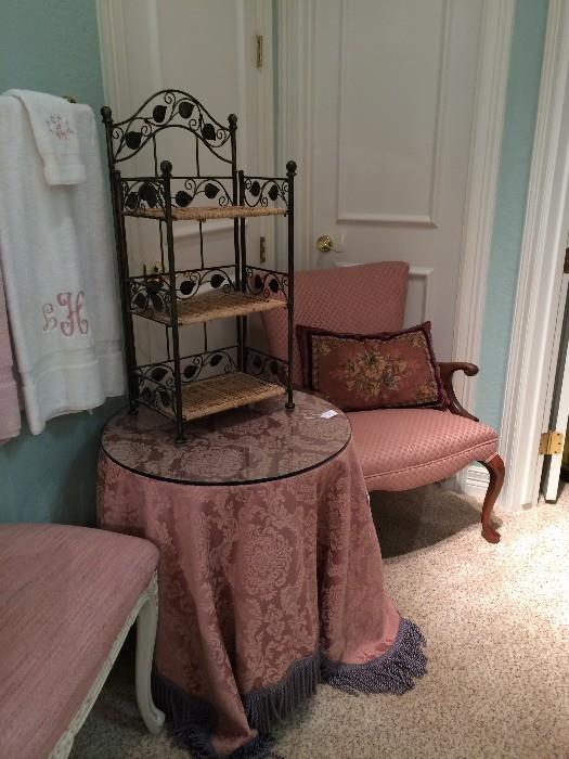 vintage upholstered chair, side table, footstool, metal shelf