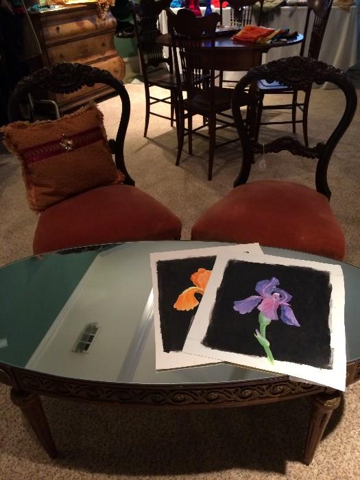 oval coffee table with glass top; 4 bridge chairs (separate from table); small drop leaf table