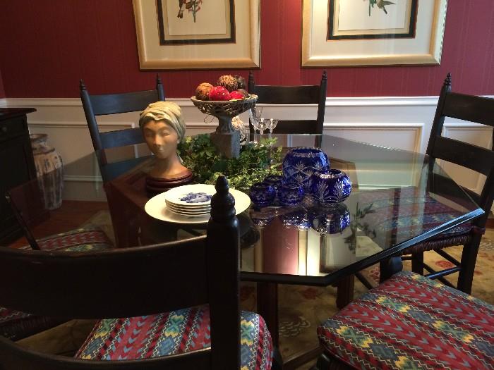 custom wood and glass dining chairs with 6 chairs (table and chairs are a set); blue glass cut to clear; head
