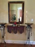 two torcheres, mirror, toile painted shelf