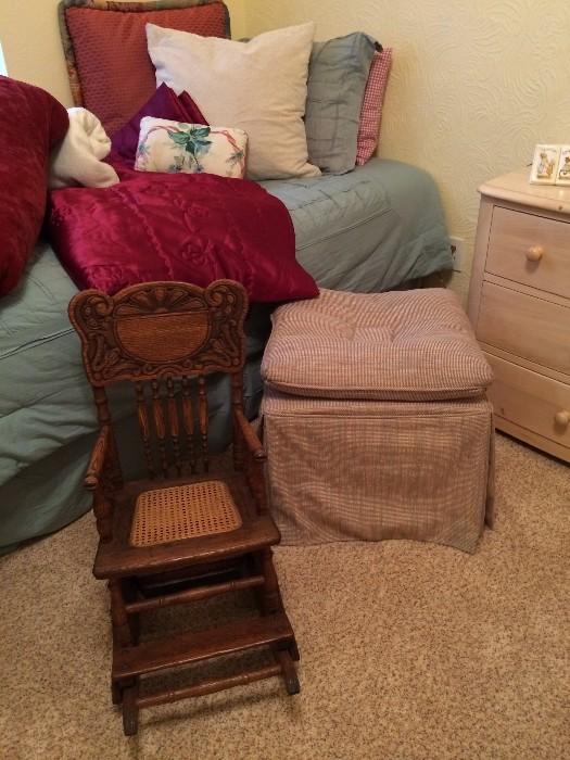antique child's rocking chair, bedding, linens
