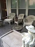 wicker garden chairs, garden equipment storage, statuary