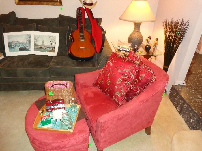 Chair & ottoman, Kate Spade bag, vintage cowboy hat and boots, 60's Taurus guitar made in Barcelona