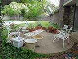 Flower pots, bird bath, outdoor patio chairs, chaises,trellises and hose cady