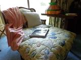 Tiffany-style ceiling lamp, portable work table, over-sized chair and ottoman - quilted fabric matches king spread