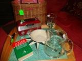 Serving tray, Kate Spade bag, glass pitcher, working radio