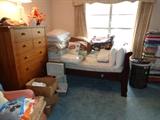 Single sleigh bed with mattress, Mission style golden oak highboy chest