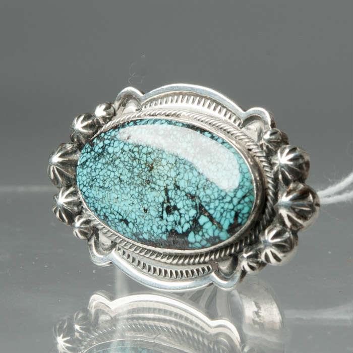 Beautiful Turquoise and Sterling Silver Navajo Ring Signed By Jim Pivelte, the artist