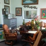 Round Inlay Wicker Wood Table & Four Rattan Leather wrapped Chairs 