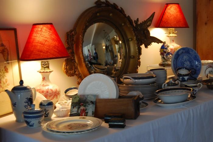 Antique concave convex mirror, lamps, china (so cute!)