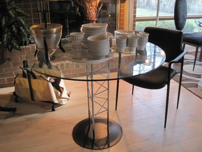 Outstanding glass table topped with Paul McCobb Contempri dishes and Atomic Age Ice Bucket