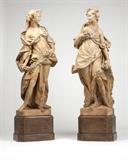 Lot# 1018 A pair of terracotta statues18th/19th century, the first allegorical of Spring, the second of Autumn, each with a wooden plinth, the first 60''H x 24''W x 18''D, the second 61'' H x 24'' W x 17'' D, est: $5000/7000