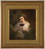 Lot# 1031 A Berlin / KPM porcelain plaque Late 19th century, signed lower right ''Bauer'', impressed ''K.P.M.'' and scepter mark verso, further impressed ''H'', rectangular, depicting a smiling Bacchante in a bower of fruiting grapevines, holding a goblet of wine, within a later wooden frame, the plaque 15.5''H x 13.25''W; overall 23'' H x 20.75'' W x 1.25'' D, est: $7000/9000