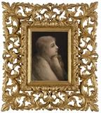 Lot# 1032 A Berlin / KPM porcelain portrait plaque
  
Late 19th / early 20th century, signed illegibly lower right, with impressed KPM monogram and scepter mark, further impressed ''S'', ''255'', ''195'' and with cypher, rectangular, depicting a blonde beauty in profile, her hands folded beneath her chin, within a carved pierced giltwood frame, the plaque 9.75'' H x 7.25'' W; overall 21'' H x 18.5'' W, est: $3000/5000