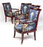 Lot# 1044 Four French Empire style armchairs Late 20th century, each gilt bronze-mounted, with sphinx-form arm supports, covered with blue and cream upholstery, 2 pcs, each 37.5'' H x 24.75'' W x 23'' D, est: $4000/6000