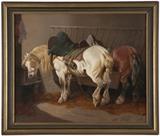 Lot# 1068 Theodore Fort (1882-1964 French)
 
Horses in a stable, oil on canvas laid to canvas, 15'' H x 18.25'' W, est: $1500/2000