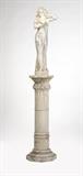 Lot# 1071 A marble sculpture of a maiden
 
20th century, made in sections, of white marble and black-veined pink marble, the draped figure standing and gazing at herself in a mirror held in her right hand, together with a floral-swagged fluted columnar pedestal, the figure 33.75'' H x 12'' W x 8'' D; the pedestal 41'' H x 13.5'' Dia., est: $2000/3000
