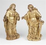 Lot# 1079 Two Continental carved giltwood figures
 
19th century, each depicting a standing female saint, the first holding a chalice, the second leaning upon an anchor, 2 pcs, the first: 43.5'' H x 24'' W x 11'' D, the second: 42'' H x 26.5'' W x 9'' D, est: $3000/5000