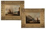 Lot# 1082 19th / early 20th century Continental School Two harbor scenes with figures and boats, each: appears unsigned, each: oil on panel, each: 10.5'' H x 13.25'' W, est: $400/600