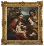 Lot# 1080 19th century Italian School, after Correggio
 
The Mystical Marriage of Saint Catherine, with Saint Sebastian and the martyrdom of two saints in the background, oil on canvas laid to waxed canvas, in an original carved gilt-wood frame, 42.5'' H x 40'' W, est: $5000/7000