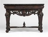Lot# 1084 A carved walnut & marble console table Early 20th century, of mid-Georgian style, the rectangular white and yellow-veined black marble top over a foliate and floral ovolo frieze drawer enclosing a divided felt-lined interior, above a pierced apron of scrolling foliage, flowers and fruit centering a shell clasp, on pierced foliate tapering square legs joined by 'Y'-form stretchers centering an acanthus finial, 34.75'' H x 48.25'' W x 20.5'' D, est: $900/1200