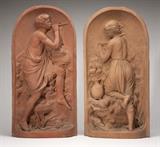 Lot# 1096 Robert Wallace Martin (1843-1923 British)
 
A pair of relief sculptures, each of arched concave form, the first: signed and dated ''R.W. Martin / 1868 Sc.'' and impressed ''R.W.M.'', depicting a classical maiden kneeling in a landscape beside a pitcher; the second: signed and dated ''R. Wallace Martin / 1871 - 2 Sc.'', impressed ''R.W.M.'' and further inscribed ''B 4/3'', depicting a classical youth playing a pipe in a landscape; each terracotta, 2 pcs, together with two modern custom-made terracotta display stands, the first 25.75'' H x 12.75'' W x 4.25'' D; the second 26'' H x 12.75'' W x 4'' D, est: $6000/9000