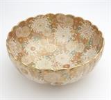 Lot# 1111 A large Kyoto Satsuma bowl Late Meiji Era, with two-character signature cartouche with Shimazu mon, possibly Shirayama Shousai (1853 - 1923), of circular lobed form with a scalloped rim, polychrome enameled and gilt all over to exterior and interior with chrysanthemums and other flowers, on a short circular foot, 5'' H x 11.75'' Dia., est: $1200/1800