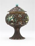 Lot# 1123 A Chinese silver & enamel lidded cup Late 19th / early 20th century, stamped ''Silver'', the domed cover and globular body of gilt-washed silver overlaid with silver mesh, polychrome enamels, and colored stones including turquoise, 7.25'' H x 4.75'' Dia., est: $600/900