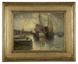 Lot# 1142 Paul King (1867-1947 Long Island, NY)
 
Sailboats in a harbor, oil on board, 12'' H x 16'' W, est: $500/700
