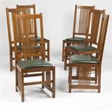 Lot# 1150 Six Stickley oak spindle side chairs
 
1995, each signed ''Stickley'', stamped ''#35'' and dated ''Oct. 24 1995'', each covered with green leather, 6 pcs, each 45.75'' H x 19'' W x 18'' D, est: $1500/2000