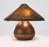 Lot# 1159 A Dirk Van Erp hammered copper & mica lamp Circa 1915 - 1930, with open box windmill ''San Francisco'' stamp, the spreading conical riveted three-panel shade with rolled rim supported on curved arms on a three-socket stem issuing from a spreading bulbous base, 17'' H x 19.25'' Dia., est: $10,000/15,000
