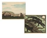 Lot# 1188 Two color woodblock prints in presentation folios The first: Nobertine von Bresslern-Roth (1891-1978 Austrian), ''Phantoms'', 1934, signed in pencil lower right: Bresslern-Roth, numbered and inscribed in pencil lower left: 89. Druck, print 89 from an edition of 200, color woodcut on paper, image size: 8'' x 9.5'', published by The Woodcut Society, Kansas City; Eric Slater (1896-1963 British), ''The Stack Yard'', signed in pencil lower right: Eric Slater., titled in pencil lower left, edition of 200, color woodcut on paper, image size: 7.25'' x 9.75'', each print retains their original presentation folio, 2 works, , est: $500/700