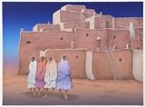 Lot# 1196 R. C. Gorman (1932-2005 Taos, NM)
 
Four figures in front of an adobe building, color lithograph on paper under Plexiglas, paper size: 30'' H x 40.5'' W, est: $600/800