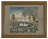 Lot# 1205 A silk embroidery and painted mourning scene Mid 19th century, unsigned, embroidered in silk and chenille on a painted silk ground, depicting a figure in a cemetery with a weeping willow and distant town scene, framed under glass, sight size: 15.75'' H x 17.5'' W, est: $500/700
