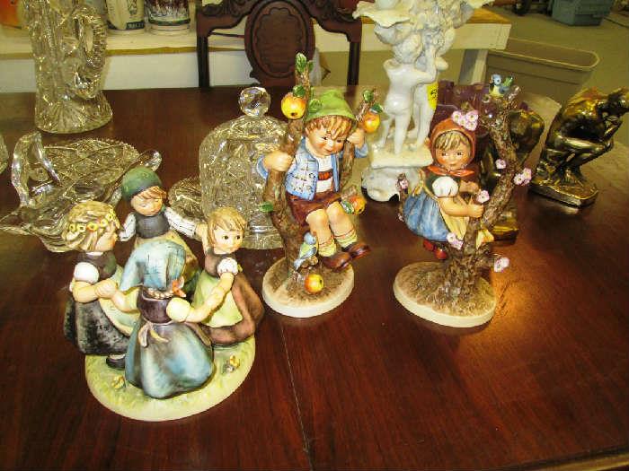 Ring Around the Rosie Hummel dated 1959  Tall 10 3/4 inch Apple Tree Boy & Apple Tree Girl dated 1968 with full Bee inside V  & Cut Glass Collection  