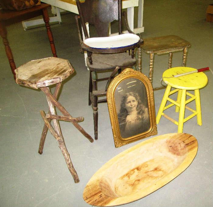 Large Dough Bowl  Pennsylvania Dutch  High Chair with enamel insert tray Bubble Glass ornate antique photograph spindle leg antique table