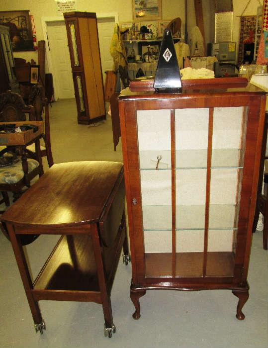 Drop leaf Wooden Tea Cart & Curio cabinet 