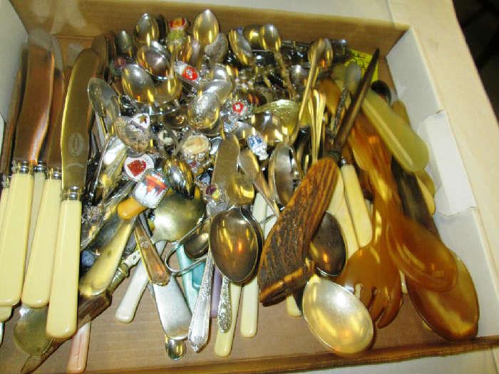 Large Collection of Utensils including Sheffield knives, silverplate , celluloid , souveneire spoons
