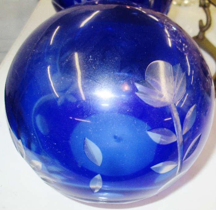 Large Blue handblown Blue Cut Glass 