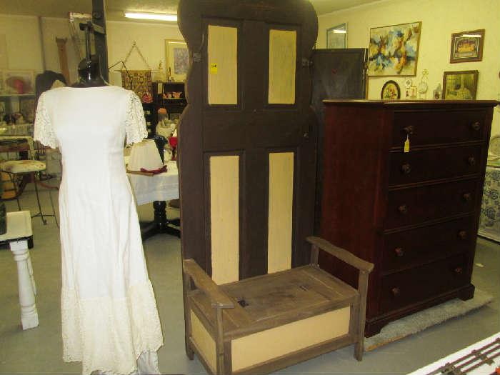 Vintage Wedding dress Hall tree made from antique door Large Chest of drawers