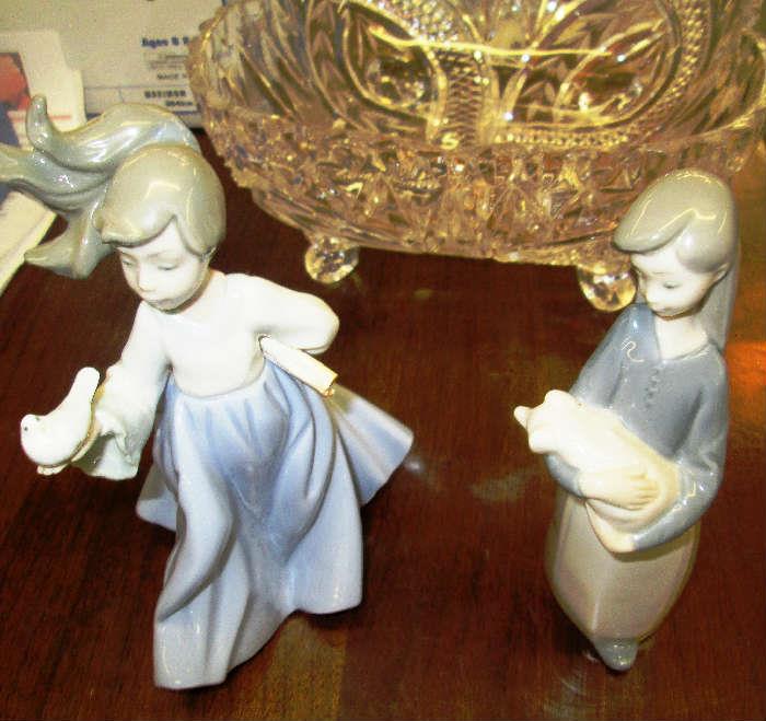 LLadro figurines and Large cut glass footed center bowl