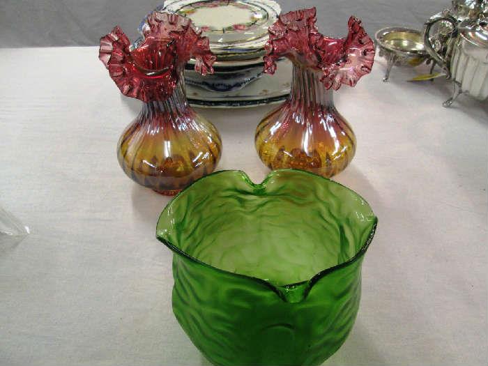 Cranberry Amberina Pr Artglass Vases  Loetz ? Bowl