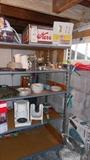 misc kitchen items and shelving units