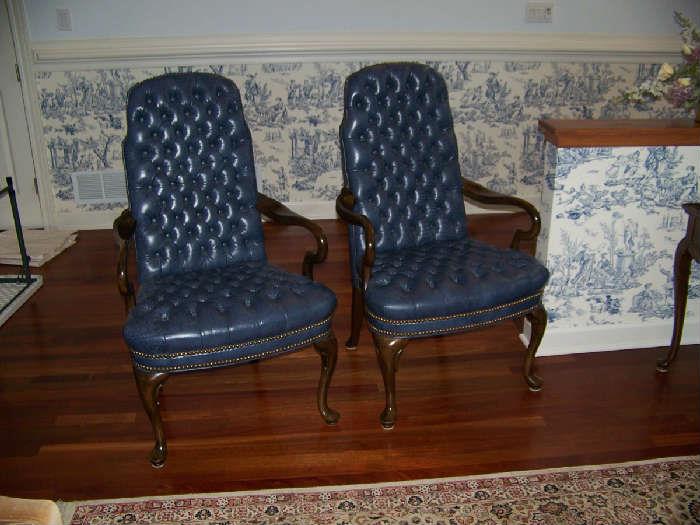 Pair Tuffed Leather Queen Anne Chairs