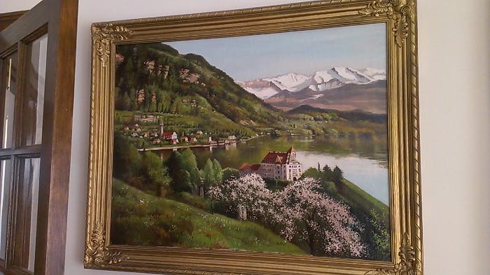 Oil painting of European countryside by Ronald Lample, 25"x33".