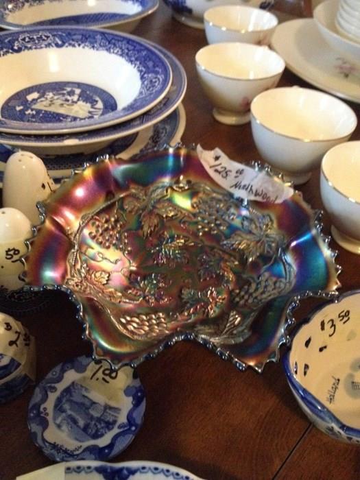 Blue willow dishes and serving pieces, also some depression glass