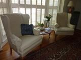 Cream Wing Back Chairs, Henkel harris cherry coffee table