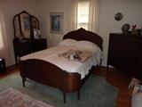 Full size antique bed, (2) dressers, chest