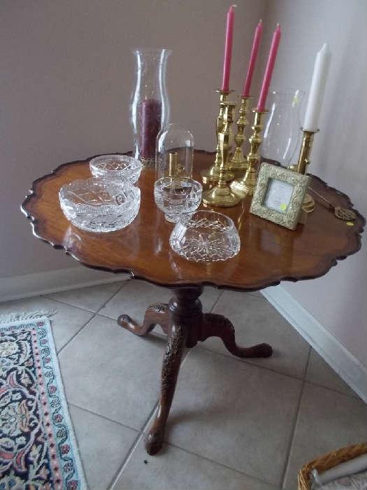 This beautiful oversized tilt pie-crust tea table is available (centenial piece).  Waterford pieces sold - some brass candlesticks still available